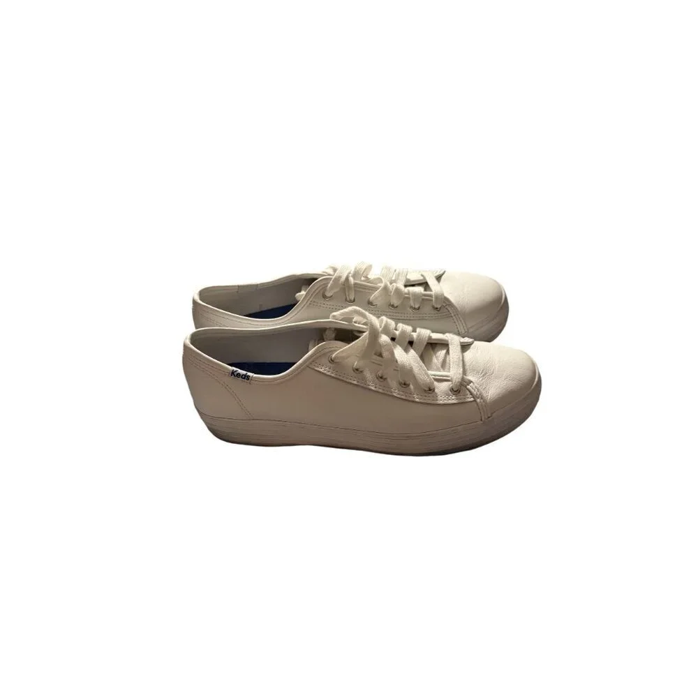Keds Womens White Leather platform Lace-Up Sneakers Casual Style 8.5